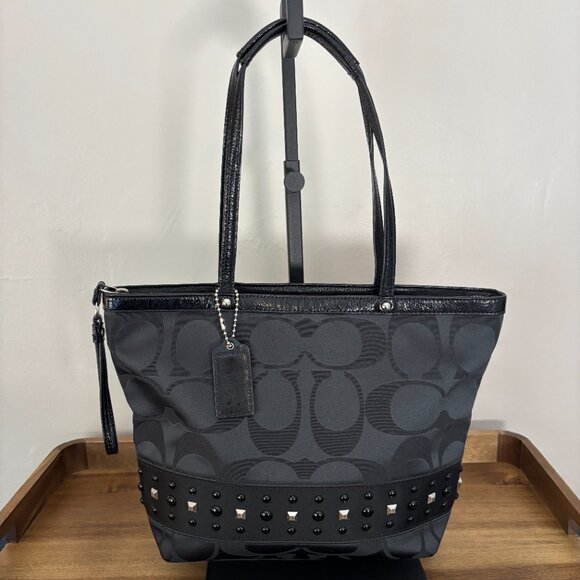 Coach Black Sateen Signature C Black Patent Leather Trim Studded Tote - Picture 4 of 10